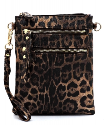 Leopard Multi Zip Pocket Crossbody Bag LE002 BROWN